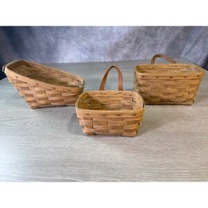 3 Longaberger Baskets Handwoven USA Small Woven Wood Leather Handle Vintage